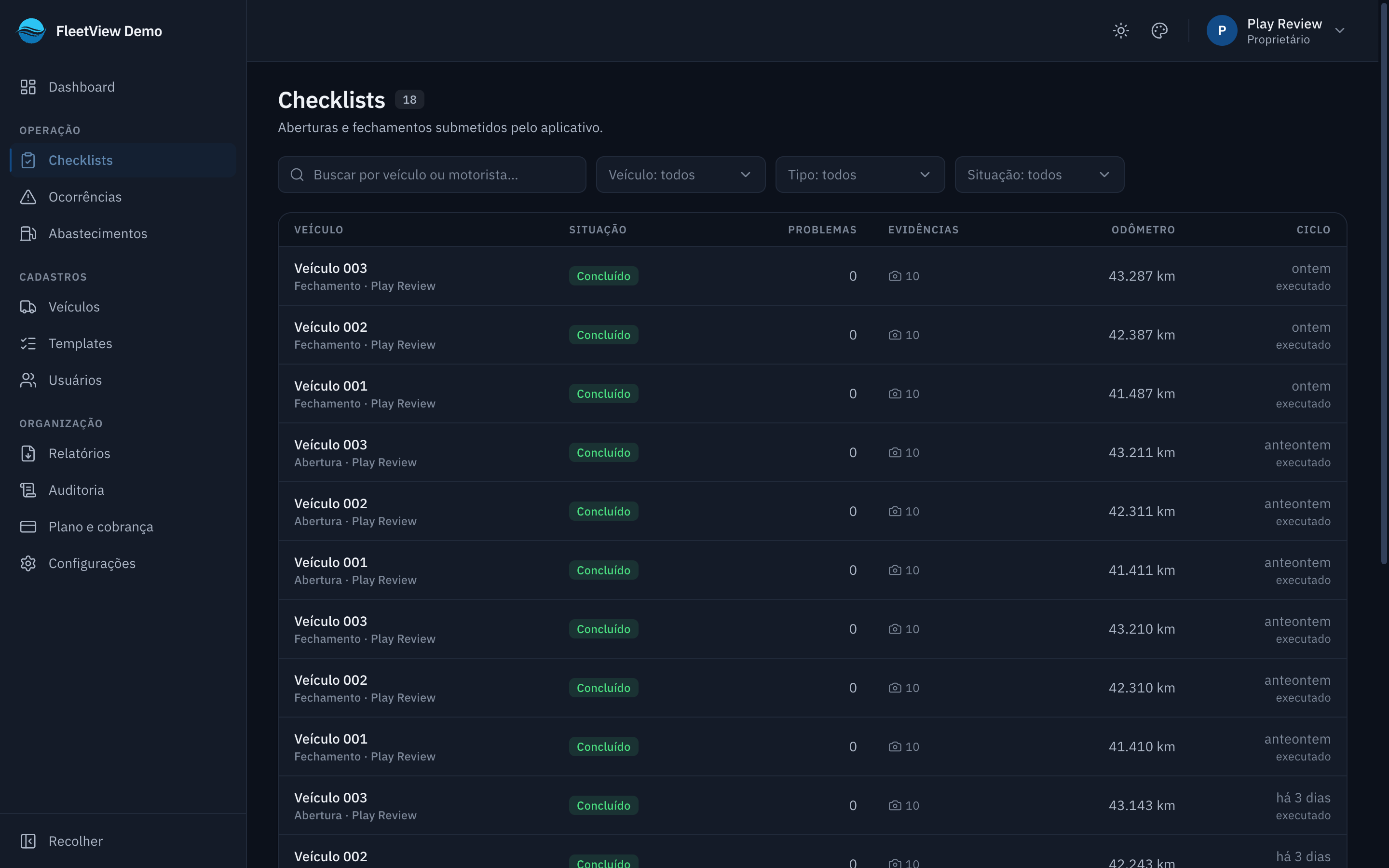 Painel do FleetView listando checklists recebidos, com veículo, motorista, data e situação de envio
